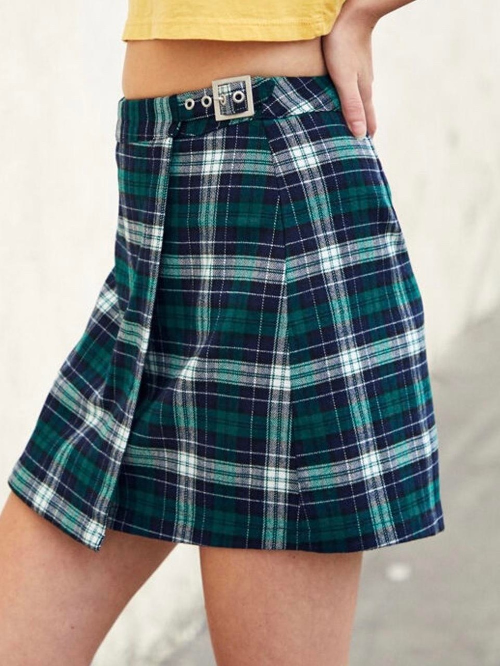 John Galt Green & Navy Plaid Mini Skirt with Buckle